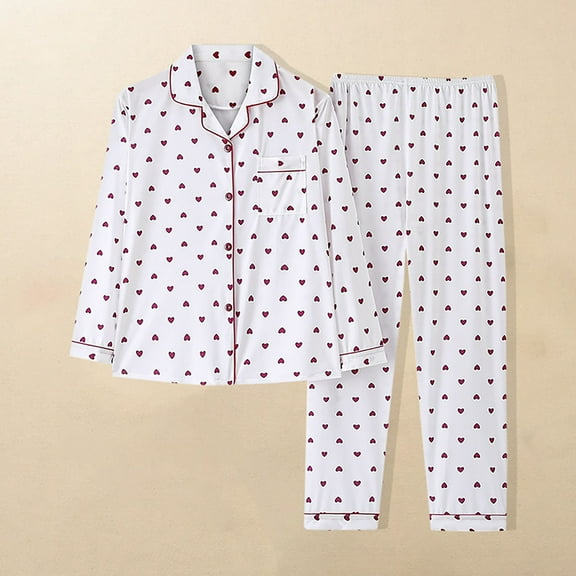 Sakmal Bridal Womens Pajama Set Soft Pants and Shirt Long Sleeve White Lounge Set Heart Print Pjs Sets for Women