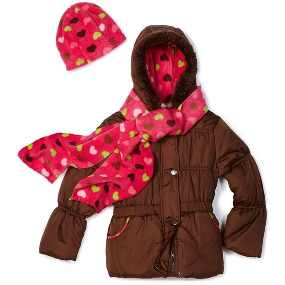 Pink Platinum Little Girls'  Solid Puffer with Heart Printed Lining Outerwear, Brown, 4