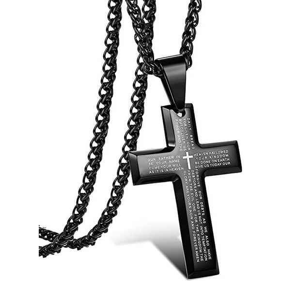 Stainless Steel Black Cross Pendant Necklace Men's Lord Prayer Necklace Heavy Wh
