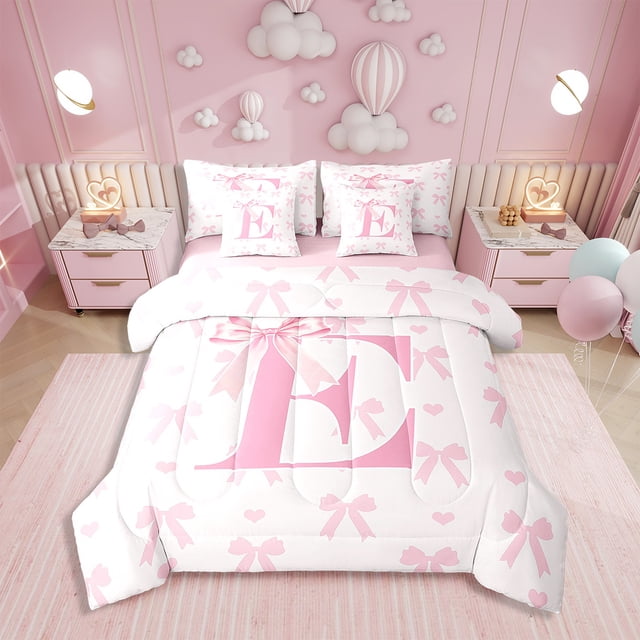 Pink Bow 7 Pcs Comforter Set,Princess Style Bowknot Love Hearts Girly Fairy Bedding Set,Initial Letter E Chic Romantic Bed Set(Comforter+Fitted+Flat Sheet+Pillowcases+Pillow Covers),Full