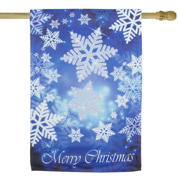 Merry Christmas and Snowflakes Blue and White Garden Flag 28" x 40"