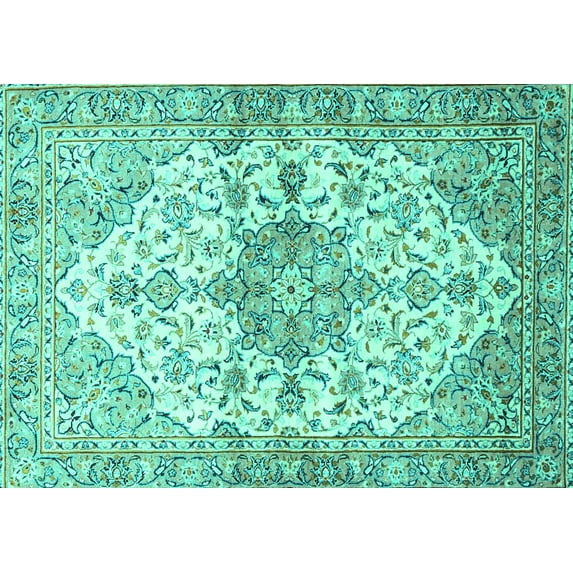 Ahgly Company Machine Washable Indoor Rectangle Medallion Turquoise Blue Traditional Area Rugs, 5' x 8'