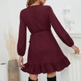 thumbnail image 5 of Lilgiuy Women Casual Solid Loose Straps Ruffled Hem Long Sleeve V-Neck Dress Wine Fall Dresses for 2022 Spring Winter, 5 of 5