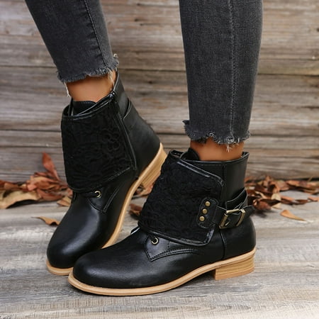 

TALKVE Booties Keep Solid Toe High NonSlip Shoes Women Round Heels Strap Buckle Warm Color Short Lace Fashion Women s Boots