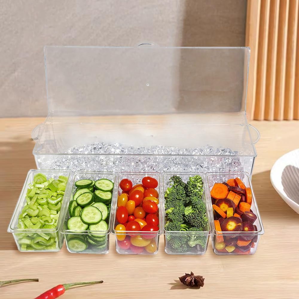 Chilled Condiment Server with Lids,Serving Trays,Condiment Caddy with 5 Containers,Ice Fruit Tray Platter for Bar Accessories,Salad,Taco,Party Garnish