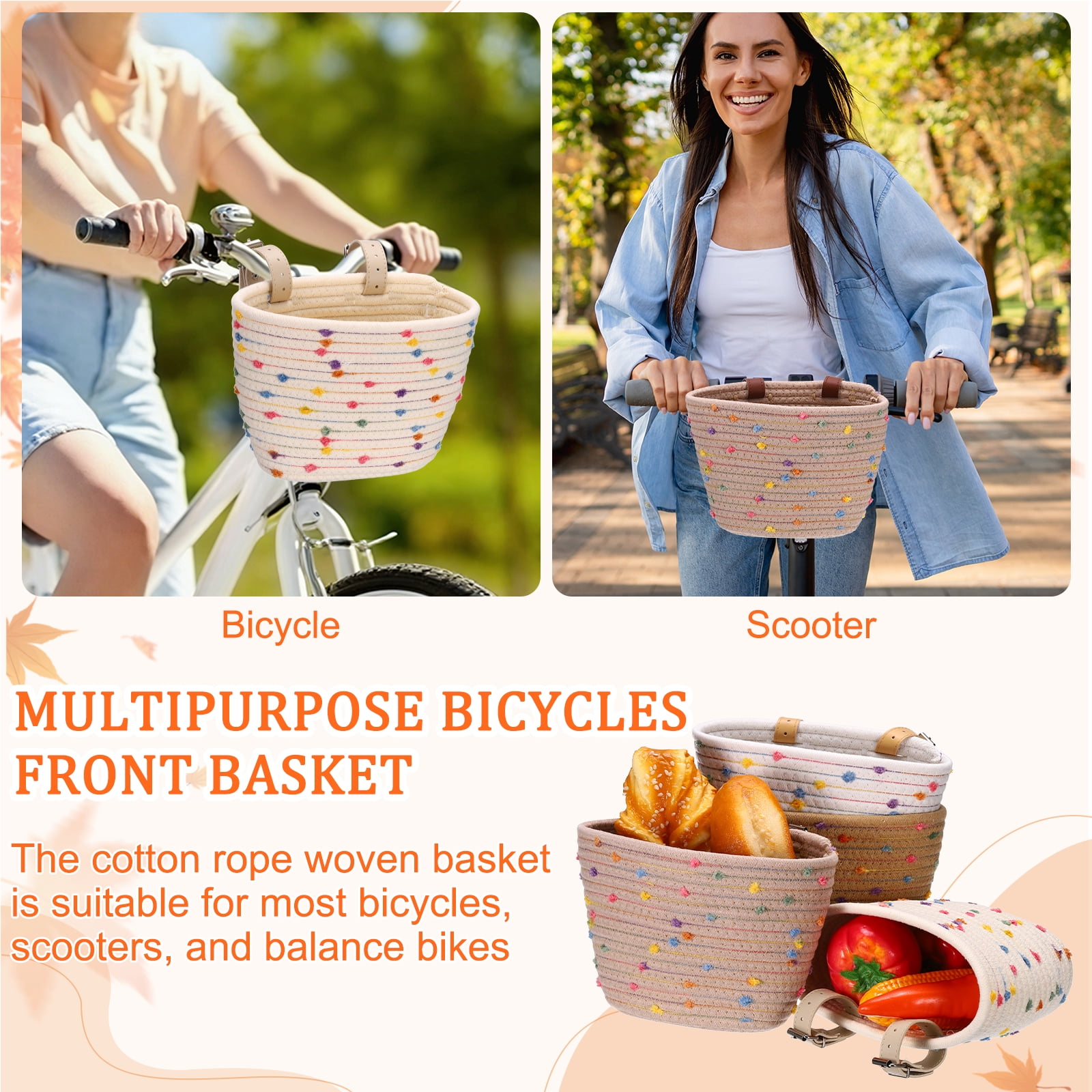 Uxcell Bike Basket, Cotton Rope Woven Colored Spots Bicycle Basket Adjustable Front Handlebar Baskets with 2 Leather Belt Buckles Beige-Fitting For(Most Bikes/Tricycle/Scooters)