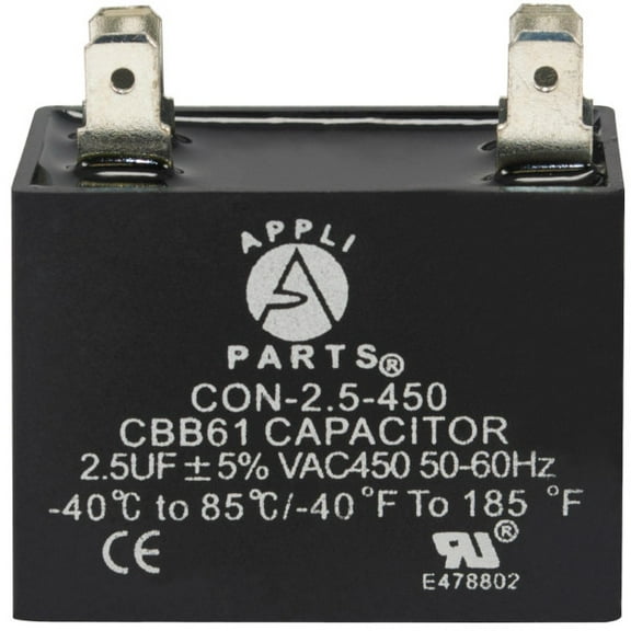 Appli Parts Fan Capacitor 2.5 mfd (microfarads) uf 450 VAC 4 Terminal Connections compatible with any brand within the same range of capacitance 1-1/2in Width 3/4in Depth 1-1/2in Height CAP-2.5-450