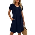thumbnail image 2 of Women's Solid Color Casual Fashionable Summer Vacation Casual Dress Short Sleeve V Neck Navy L, 2 of 6