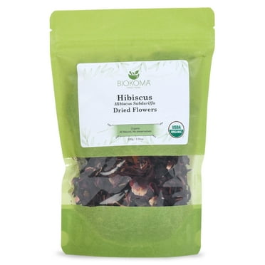 Biokoma Pure and Organic Hibiscus Dried Flowers 100g (3.55oz) In Resealable Moisture Proof Pouch, USDA Certified Organic - Herbal Tea, No Additives, No Preservatives, No GMO, Kosher