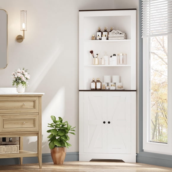 63 inch Farmhouse Corner Cabinet Tall with Barn Doors, 4 Door 5 Shelf Storage Cabinet, Space Saving for Living Room Kitchen Laundry Room, Retro+White