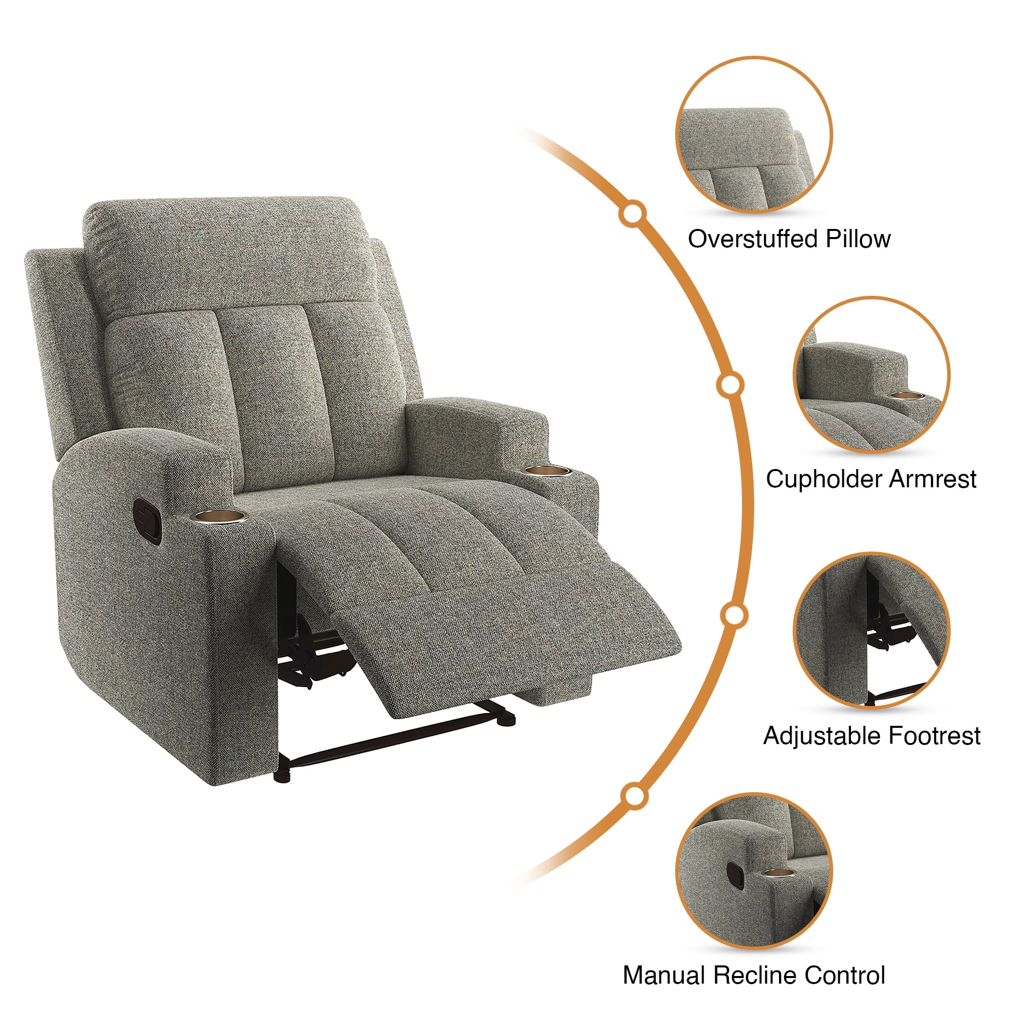 Ottomanson Prada Polyester Manual Recliner Chair with Cupholders and Footrest, Gray
