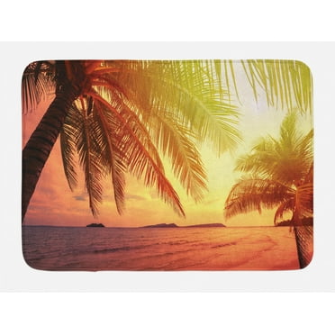 Palm Bath Mat, Sunset Photo in Warm Colors at Tropical Beach Dramatic Sky and Ocean, Plush Bathroom Decor Mat with Non Slip Backing, 29.5" X 17.5", Multicolor, by Ambesonne