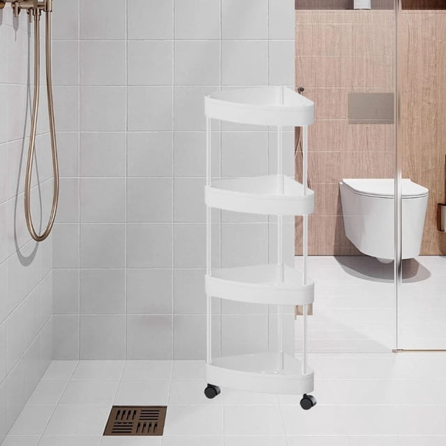 Ratería de pantalla de estante de esquina del piso, estantería rodante Triángulo a prueba de óxido para el baño de almacenamiento de gran capacidad 4 niveles blancos