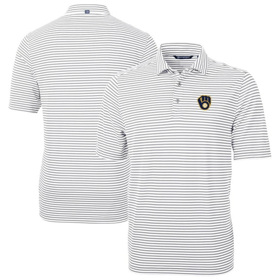 Men's Cutter & Buck Gray Milwaukee Brewers Virtue Eco Pique Stripe Recycled Polo