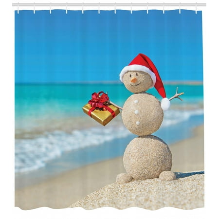 Christmas Shower Curtain Sand Snowman With Santa Hat And Present
