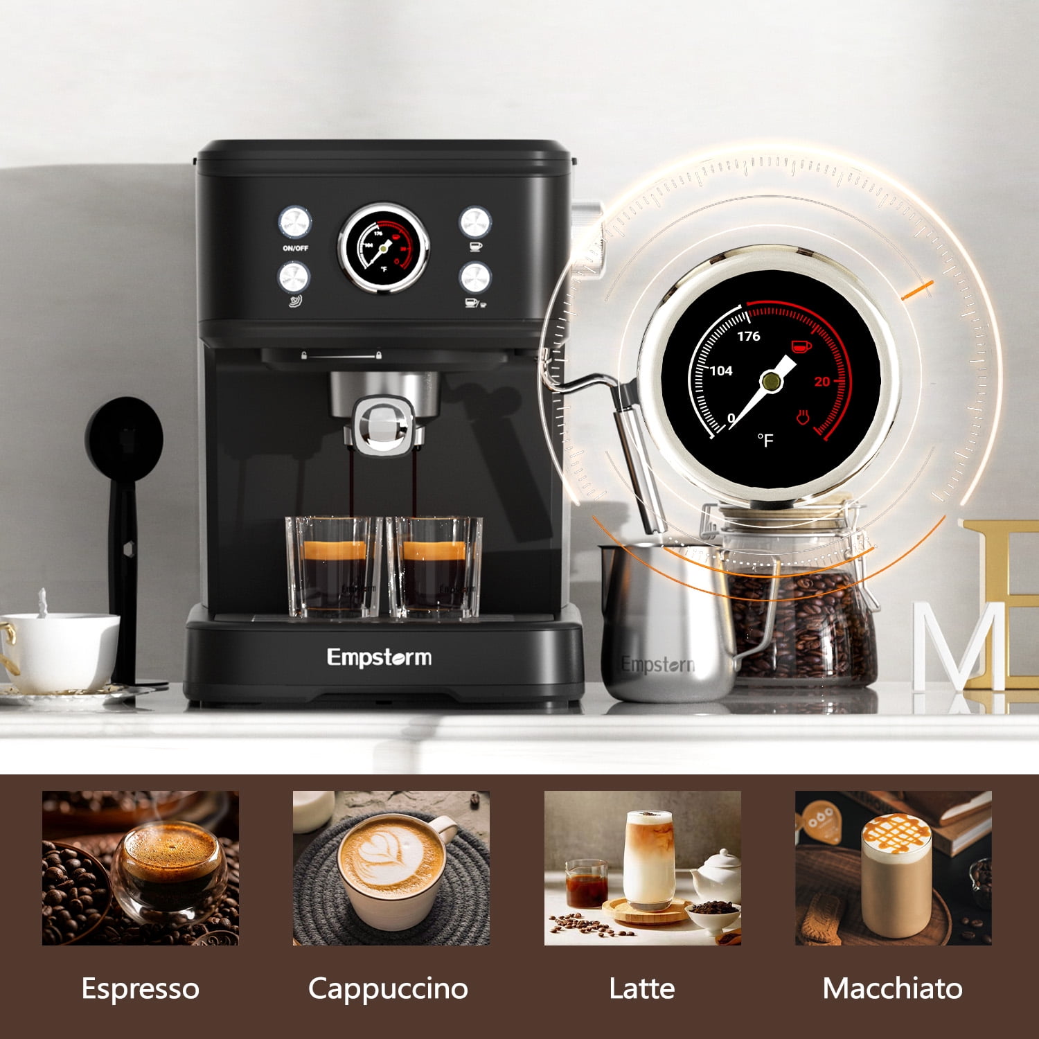 Empstorm 20 Bar Espresso Machine with Milk Frother Steam Wand, 3-in-1 Coffee Maker, Compatible with NS Capsules, Stainless Steel, for Latte & Cappuccino, Black