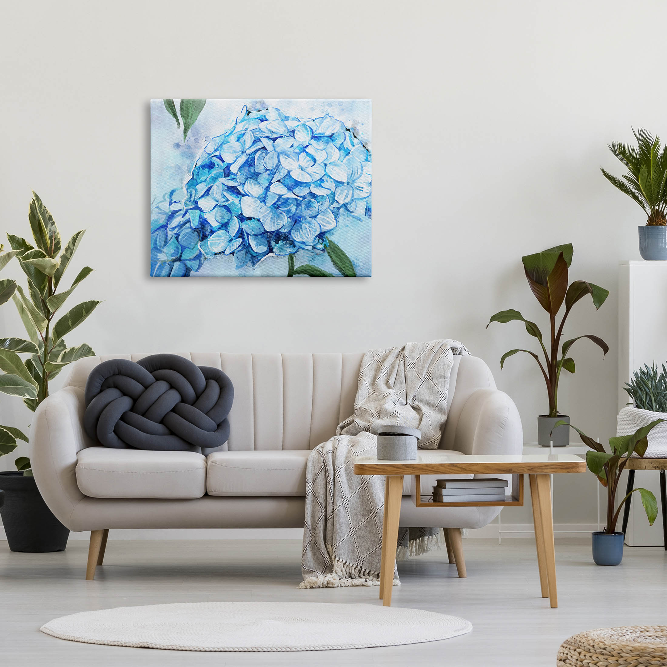 Blue Hydrangea Blossom Leaves Botanical & Floral Graphic Art Gallery Wrapped Canvas Print Wall Art