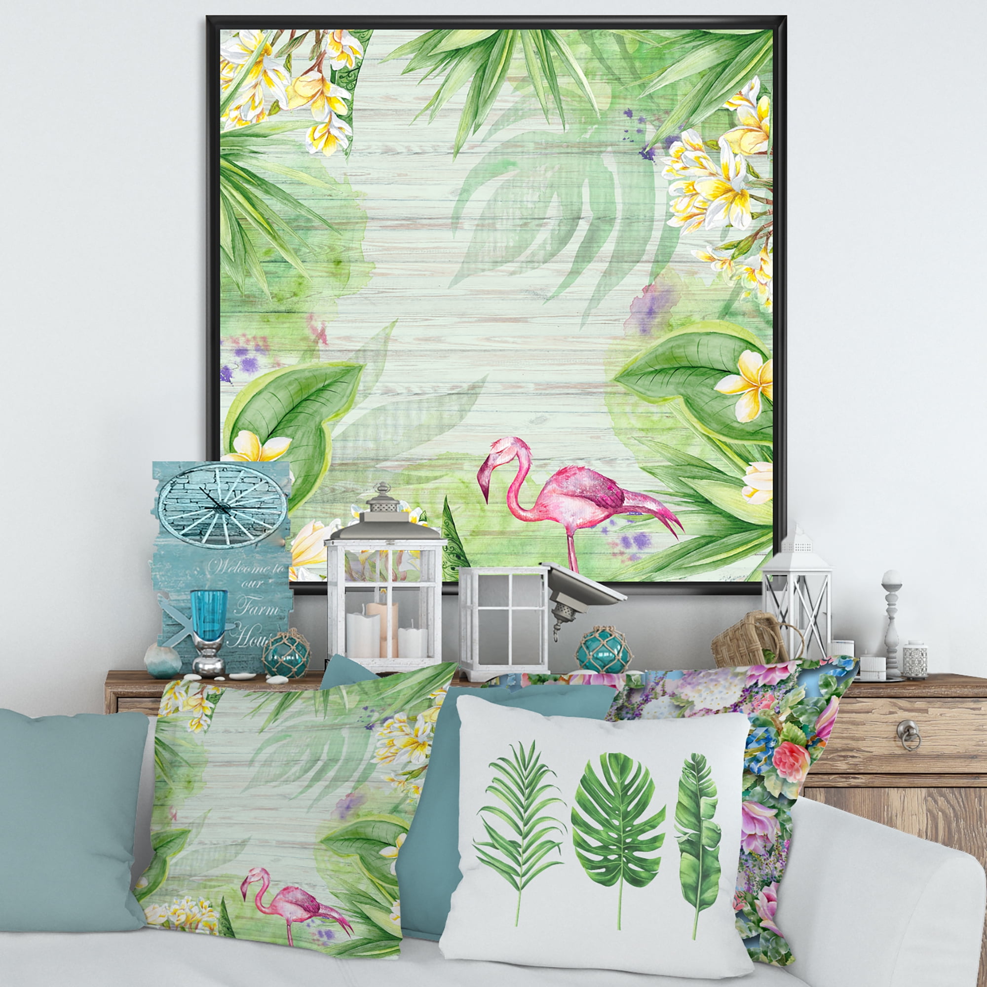 Designart 'Yellow Flowers, Tropical Foliage With Flamingo I' Modern Framed Canvas Wall Art Print