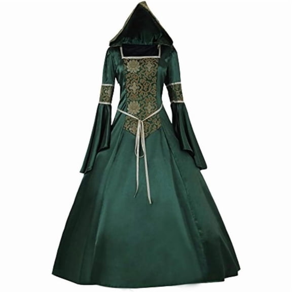 Women's Medieval Hooded Green Dress Victorian Style Long Sleeve Fantasy Gown Elegant Outfit