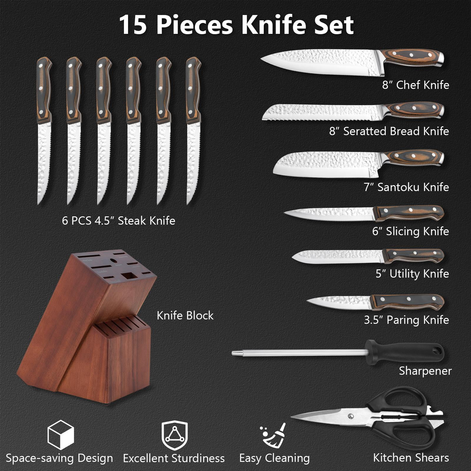Giantex 5-Piece Kitchen Knife Set w/Block, Stainless Steel Knife Set w/ Hammered Design, All-in-One Knife Block Set w/Multipurpose Shears 