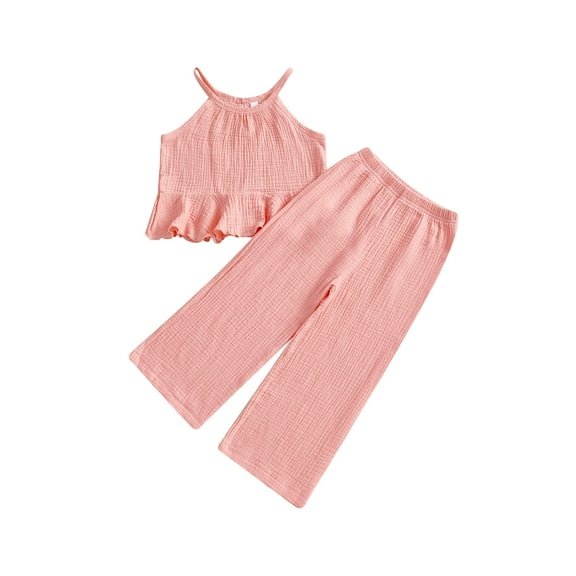 Miaouyo Baby Girl 2Pcs Summer Outfits Sleeveless Ruffle Cami Tops   Wide Leg Pants Set Toddler Clothes