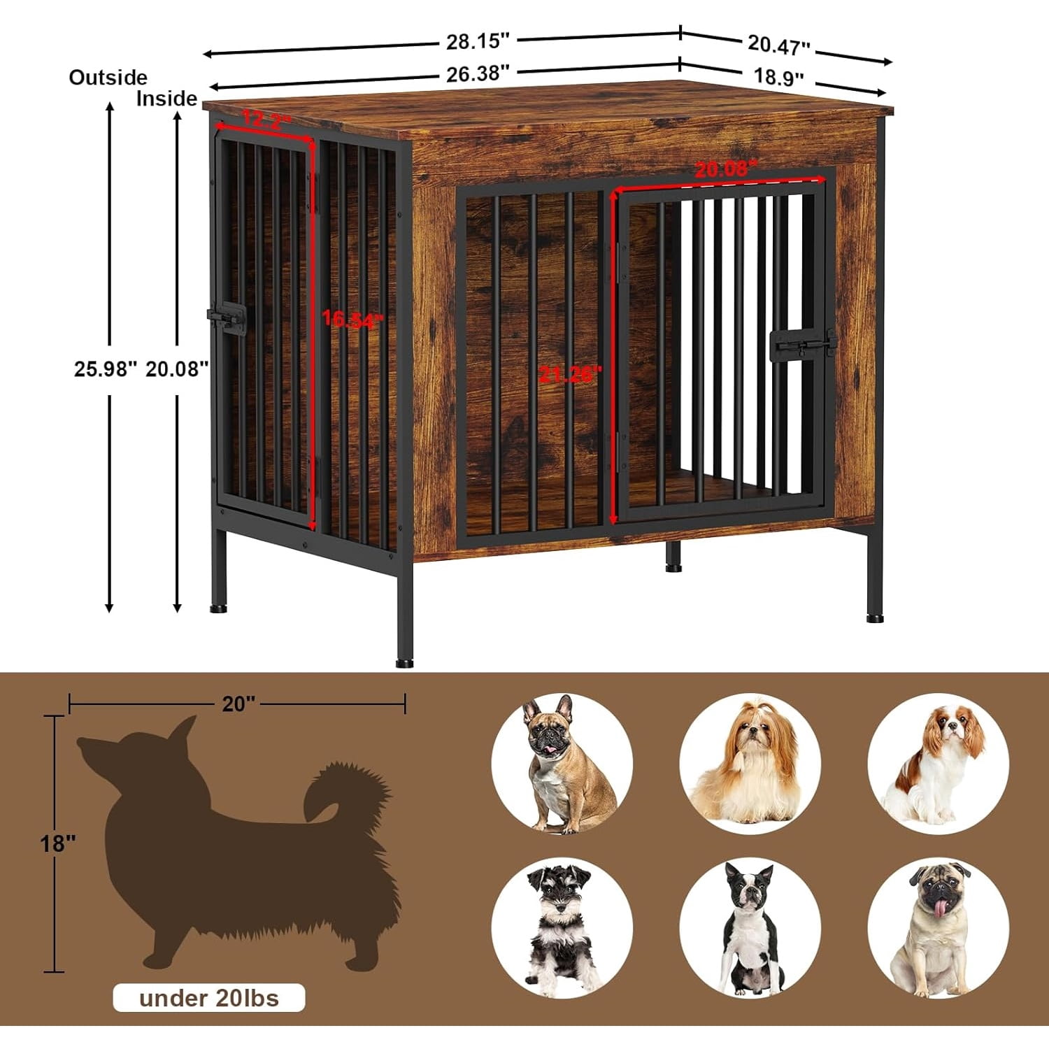 Dog Crate Furniture for 1 or 2 Dogs, Heavy Duty Single/Double Dog Crates for Small/Medium/Large Dogs, Dog Kennel Furniture Indoor as TV Stand, Small Size 28.15" L(0-20 Pounds), Brown