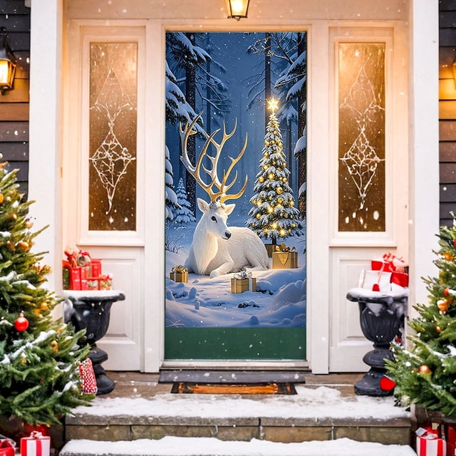 Cortina de puerta navideña con decoración navideña, fondo con escena navideña