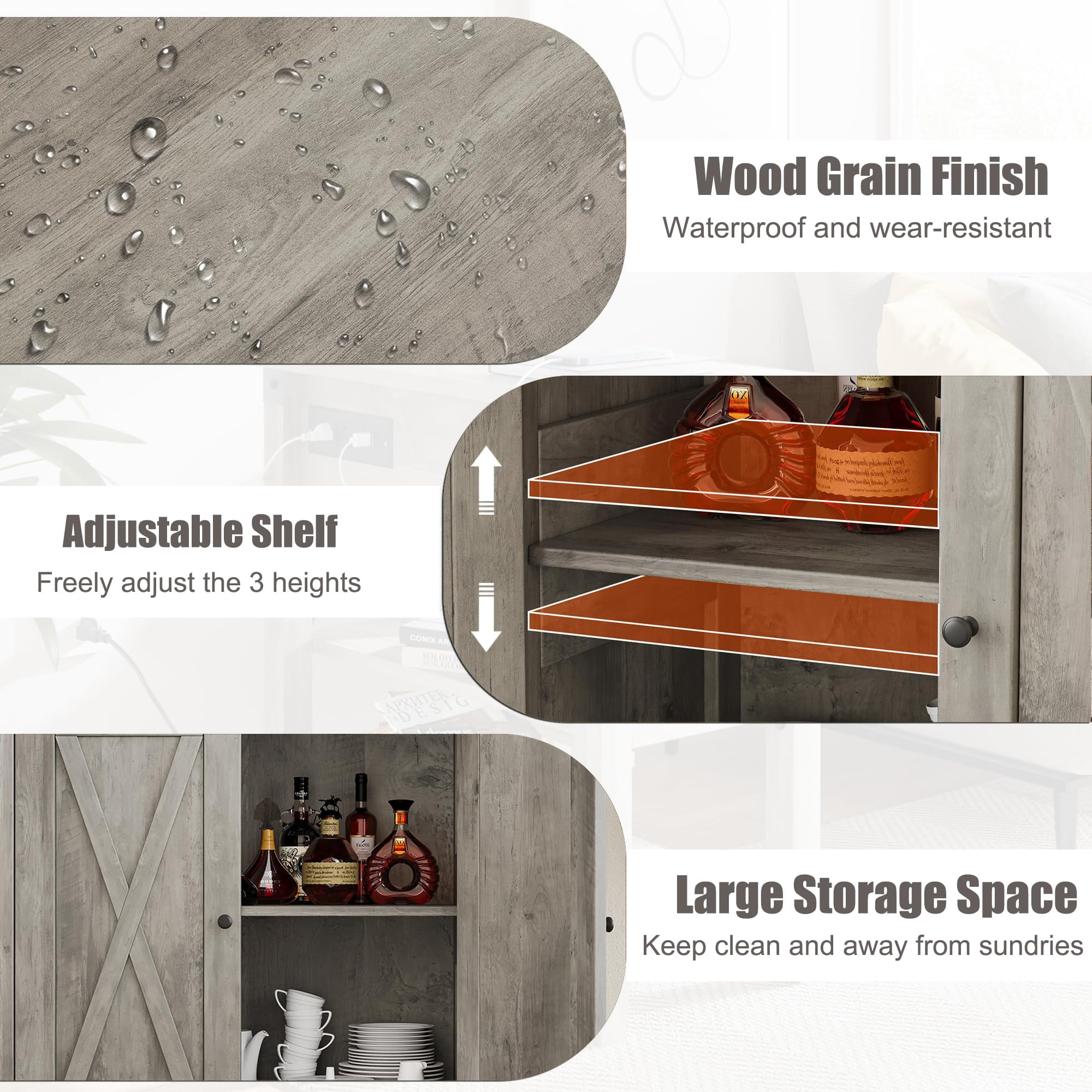 DSstyles Farmhouse Storage Cabinet with Doors and Shelves, MDF-engineered wood Gray