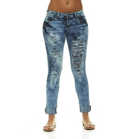 V.I.P.JEANS Ripped Distressed Washed Skinny Stretch Jeans For Women Junior or Plus Sizes