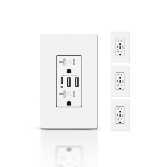 TOPELER USB-C Wall Outlets, 6.0A Charging Power Outlet with 3 USB Ports, 20 Amp Duplex Tamper-Resistant Receptacle Plug,