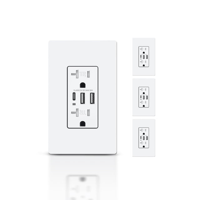 TOPELER Prises Murales USB-C, Prise d'Alimentation de Charge 6,0 A avec 3 Ports USB, Prise Double 20 A Résistante à l'Altération,