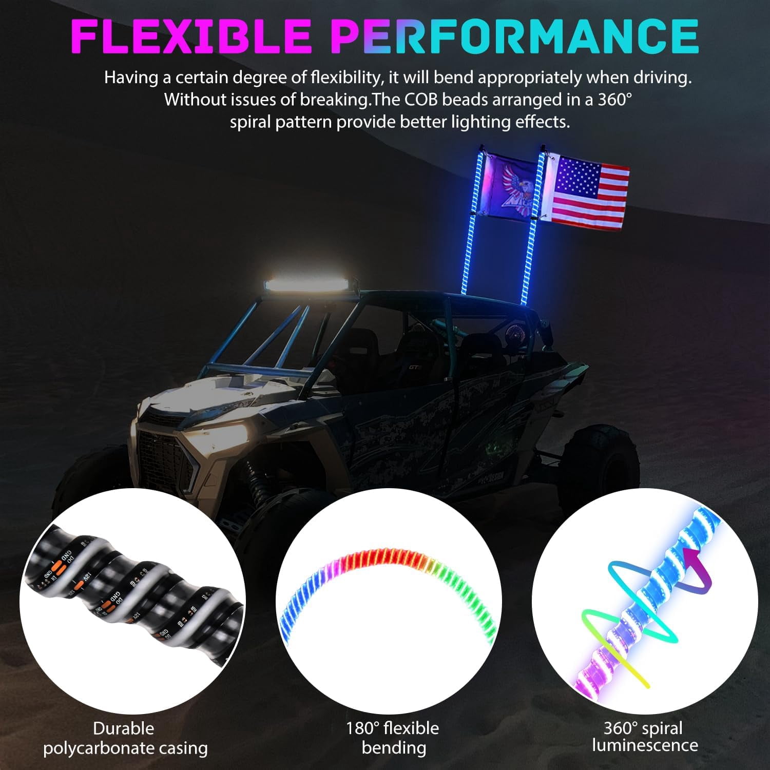 Nilight LED Whip Light 2 PCS 4FT COB RGB Lighted Antenna Whips with Spring Base Remote & App Control DIY Patterns Turn Brake Reverse Lights for Can-am Offroad ATV UTV RZR Polaris Dune Buggy Truck