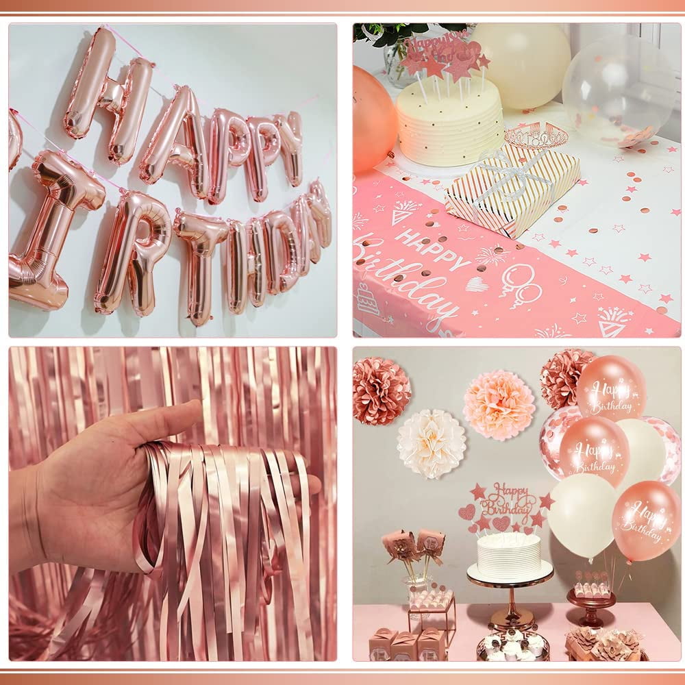 YANSION Birthday Decorations Women Rose Gold, Beige Rose Gold Birthday Balloons with Happy Birthday Banner Tablecloth Curtain Pompom Confetti Balloons, Girl Birthday Decorations
