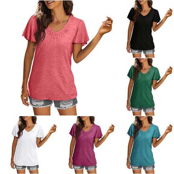 Comfortable Women's Tank Tops Women's Solid Color Casual Pleated-neck T-shirt With Ruffled Sleeves Loose Top Short Sleeved Round Neck Top/shirt Summer Vacation Beach Fashion Party