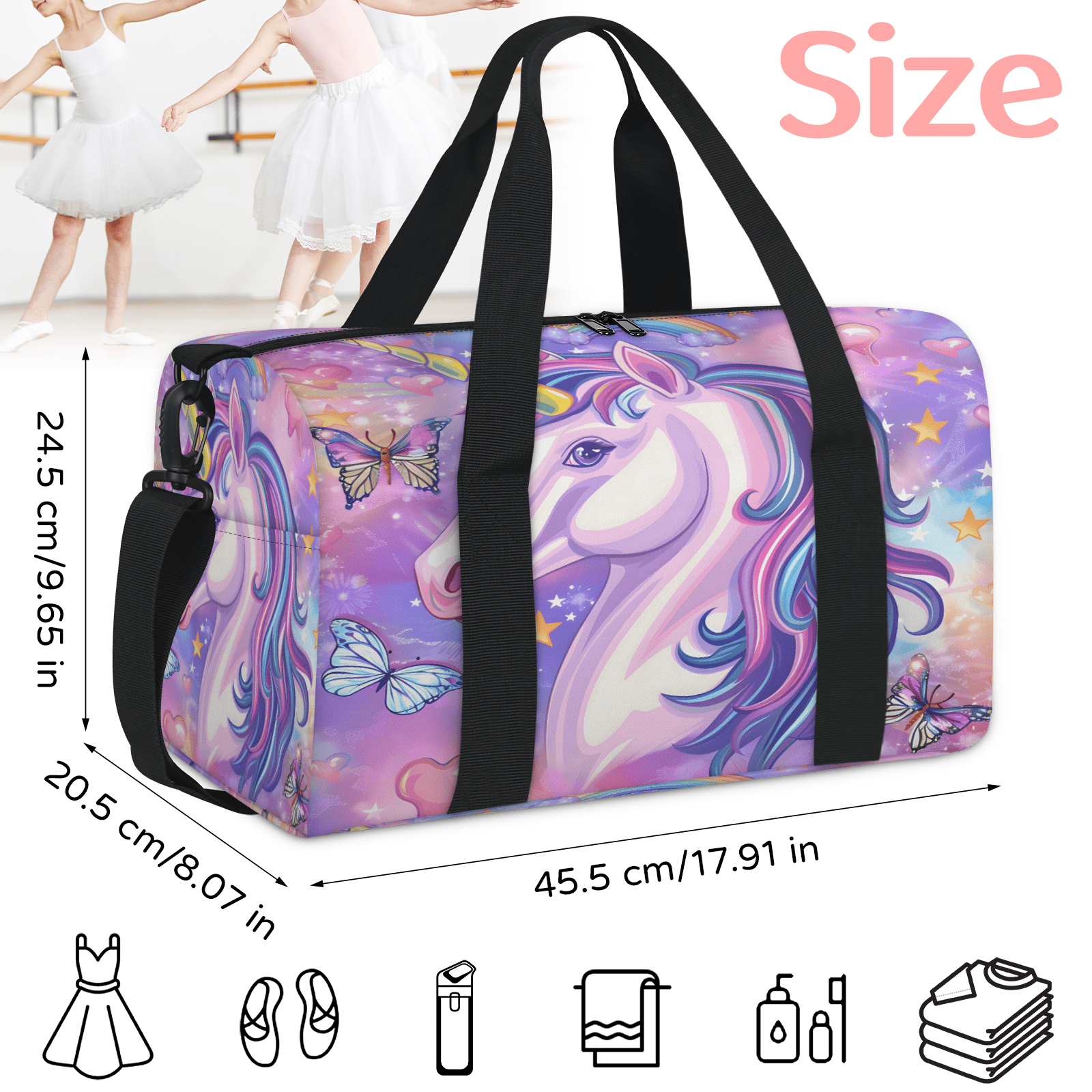 Herdesigns Unicorn Butterfly Gym Bag for Women, Duffle Bag for Travel Sport, Lightweight Waterproof Carry on Weekender Overnight Dance Yoga Workout Bags