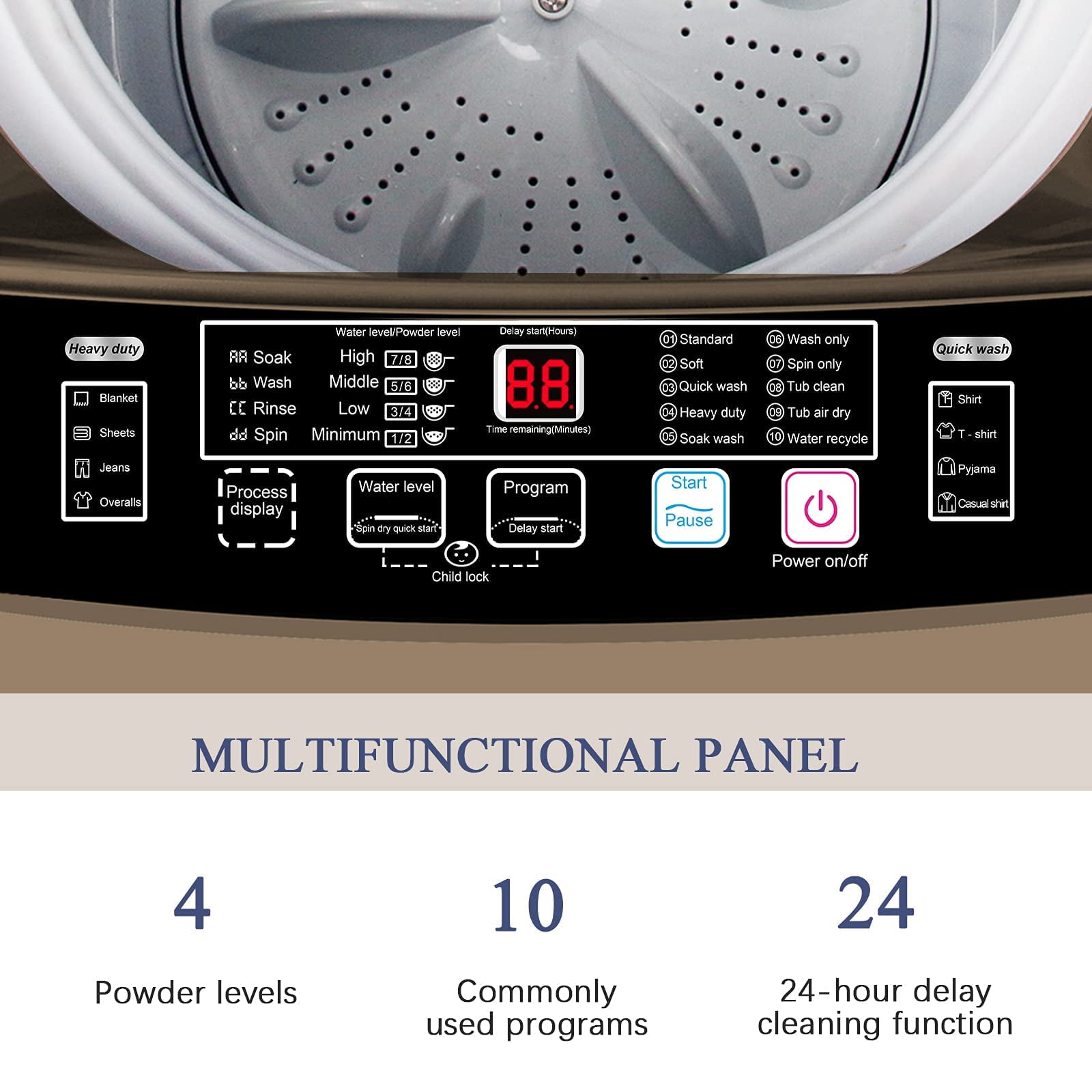 17.7 lbs Full Automatic Washing Machine with LED Display Compact Washing Machine with Drain Dump, 10 Wash Programs and 8 Water Levels Ideal for Dorms, Apartments, Coffee Gold