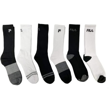 Fila Men's 6-Pack Color Block Stripes Half Cushion Crew Socks White/Black