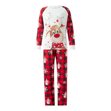 

Family Matching Christmas Pajamas Cartoon Elk Print Long Sleeve Tops+Snowman Snowflake Print Elastic Waist Plaid Pants Set/Romper