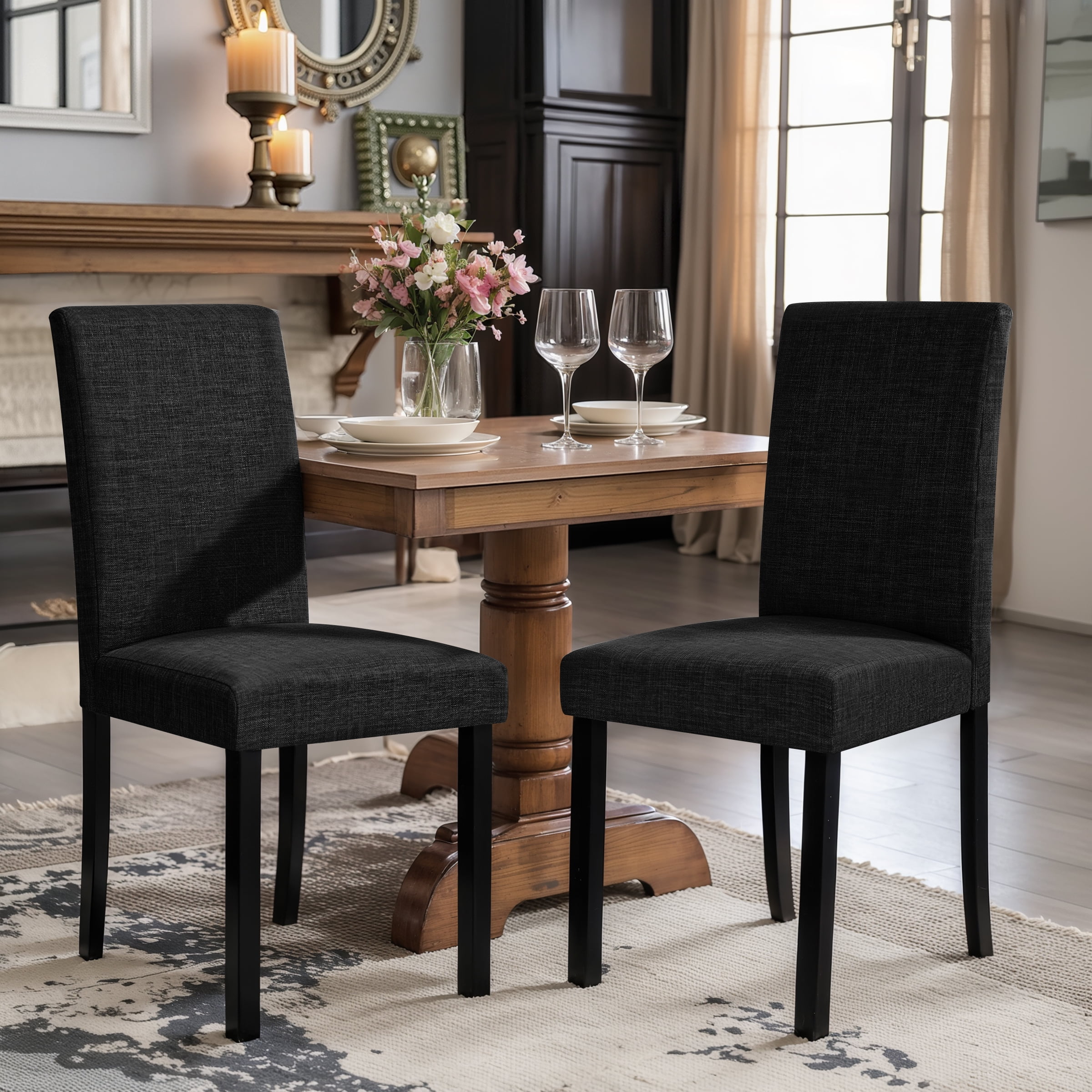 Set of 2 Upholstered Linen Fabric Dining Chairs with Solid Wood Legs for Kitchen Dining Room, Black