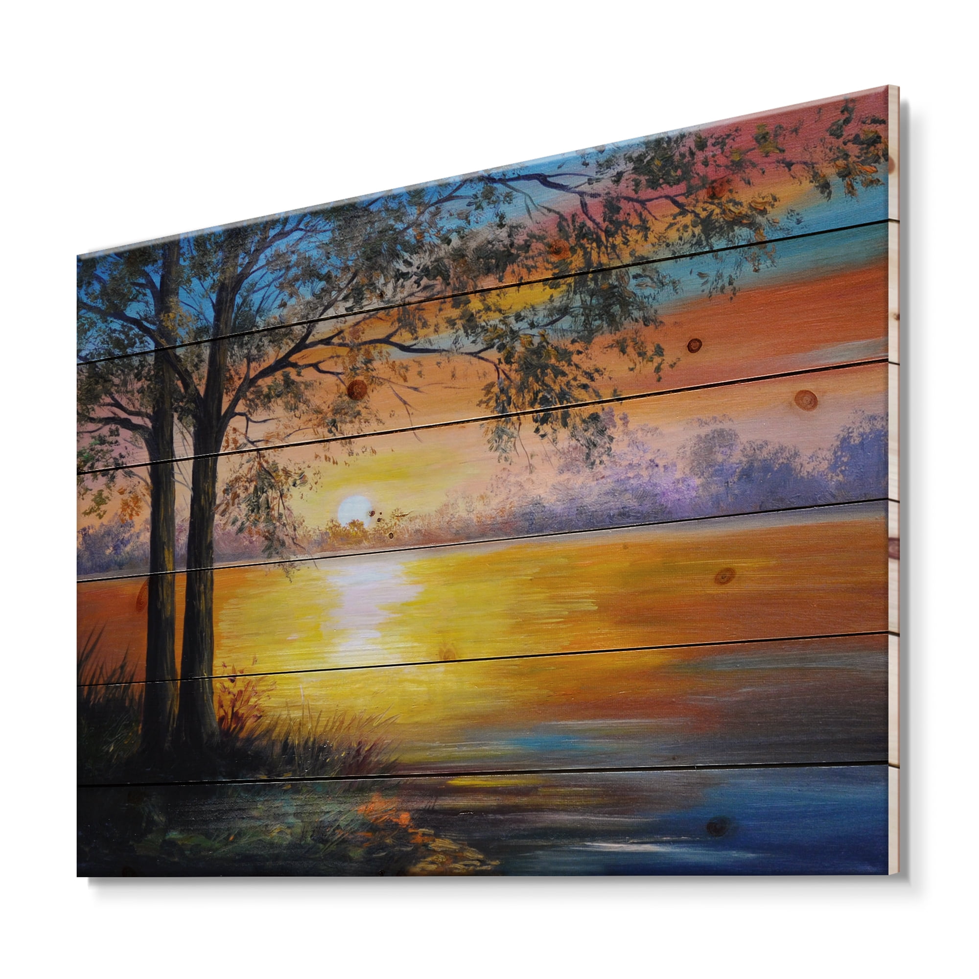 Designart 'Tree Near The Lake in Evening' Traditional Print on Natural Pine Wood