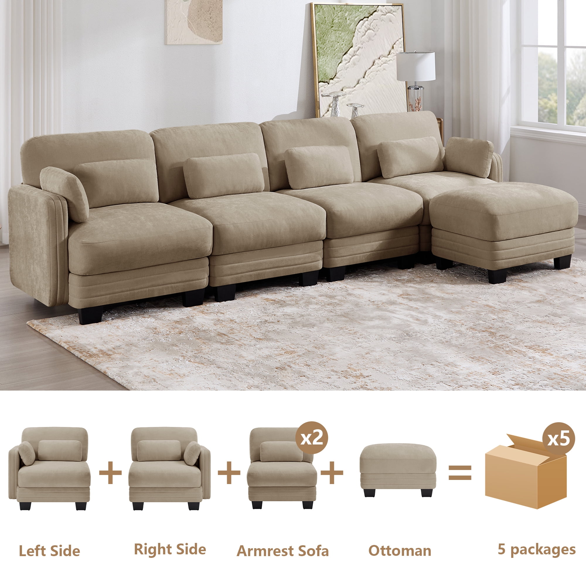 130" L Shape Modern Modular Sectional 4 Seater Sofa Couch with Movable Ottoman and 6 Pillows