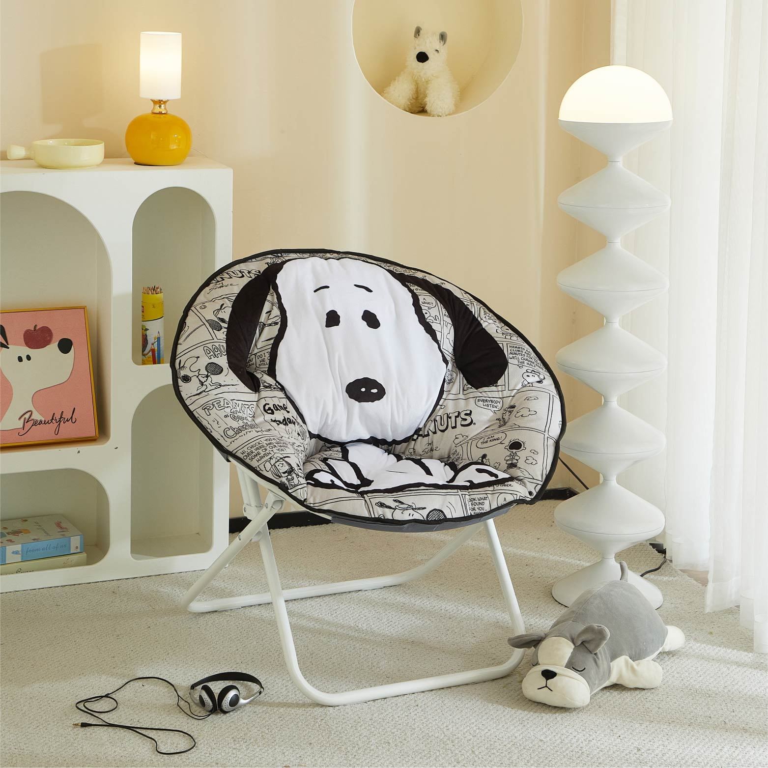 Snoopy Folding Saucer Chair for Teens and Adults, Black and White