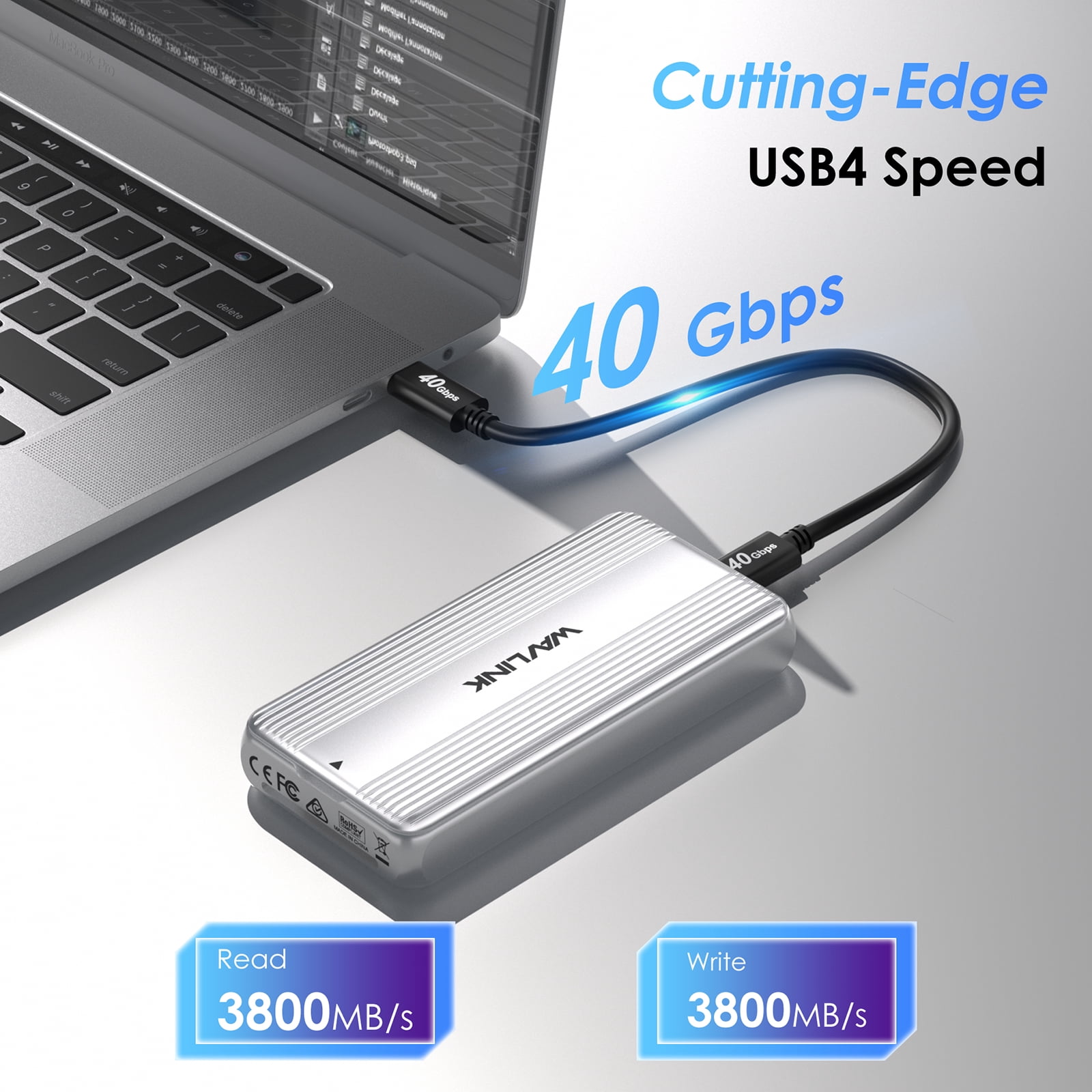 WAVLINK USB SSD Enclosure 40Gbps USB4 PCIe NVMe SSD Enclosure, for 2230/2242/2260/2280 B+M/M-Key PCIe SSD, SSD Case Compatible with MacBook/Mac Mini M4/M3/M2/M1