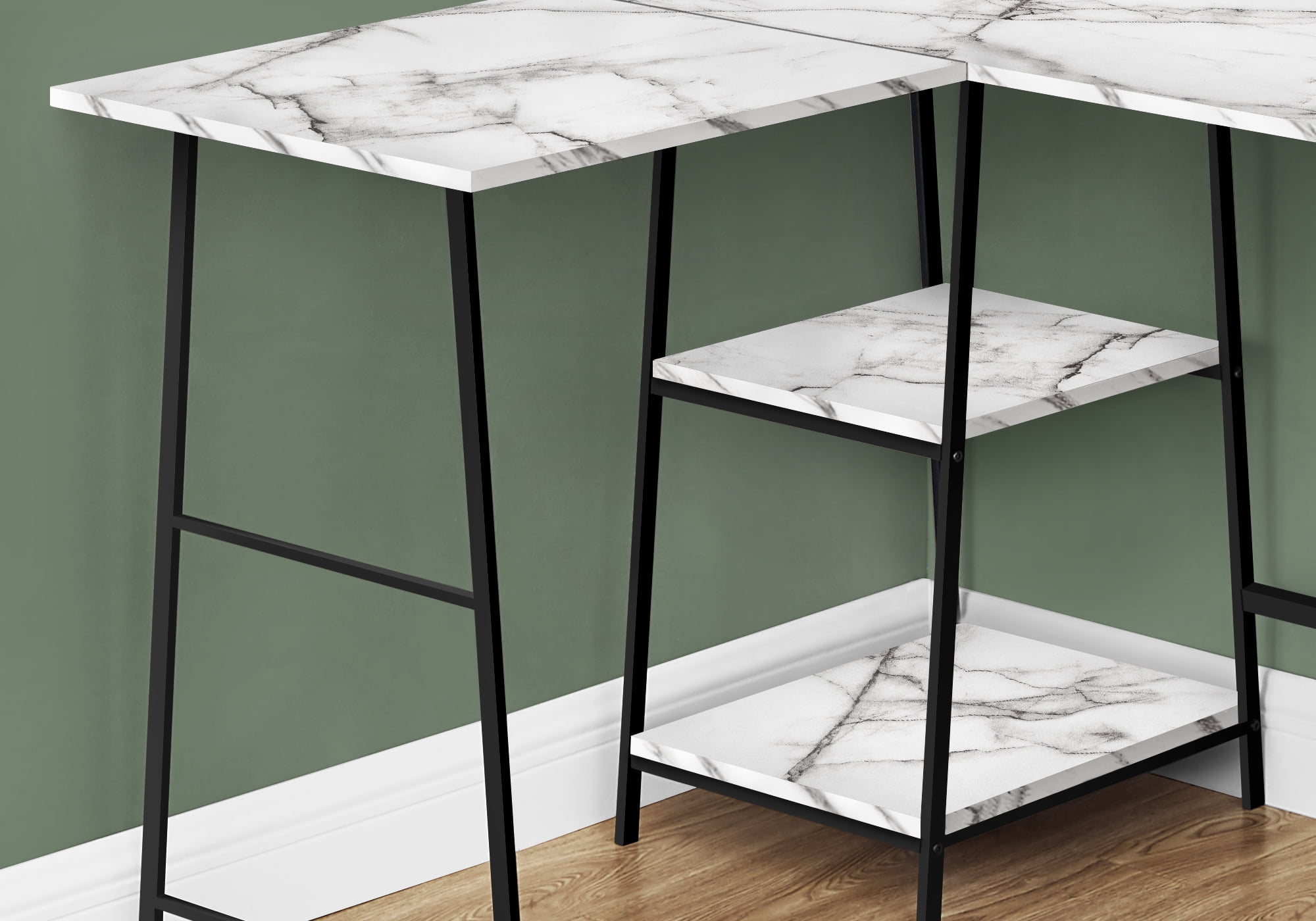 48 Inch White Marble L Shaped Computer Desk with Industrial Metal Shelves