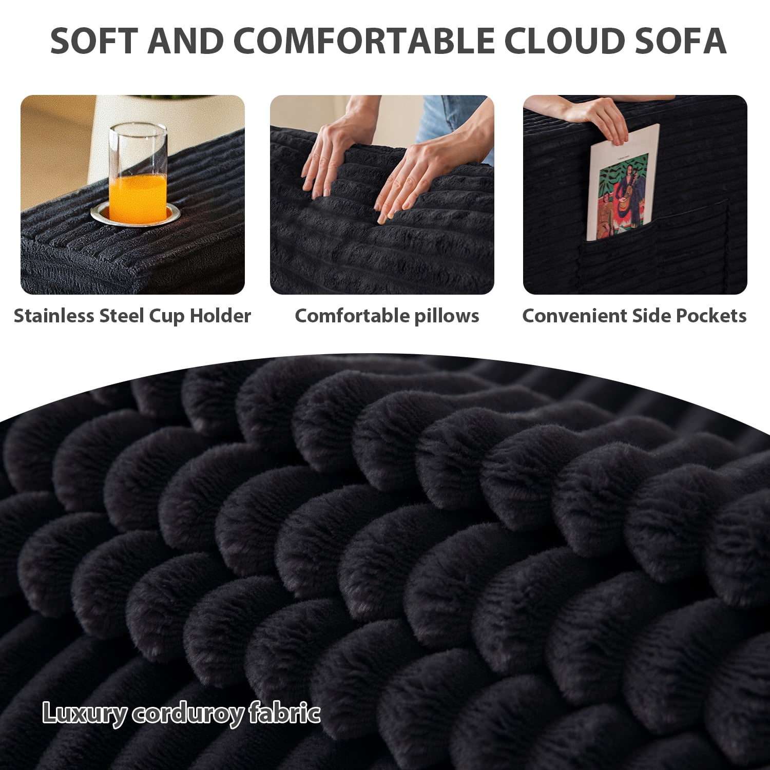 BYBYME 63" Corduroy Cloud Floor Sofa,Modular Comfy Small Cloud Couch for Small Spaces,Boneless Sofa for Living Room,No Assembly,Loveseat,Black