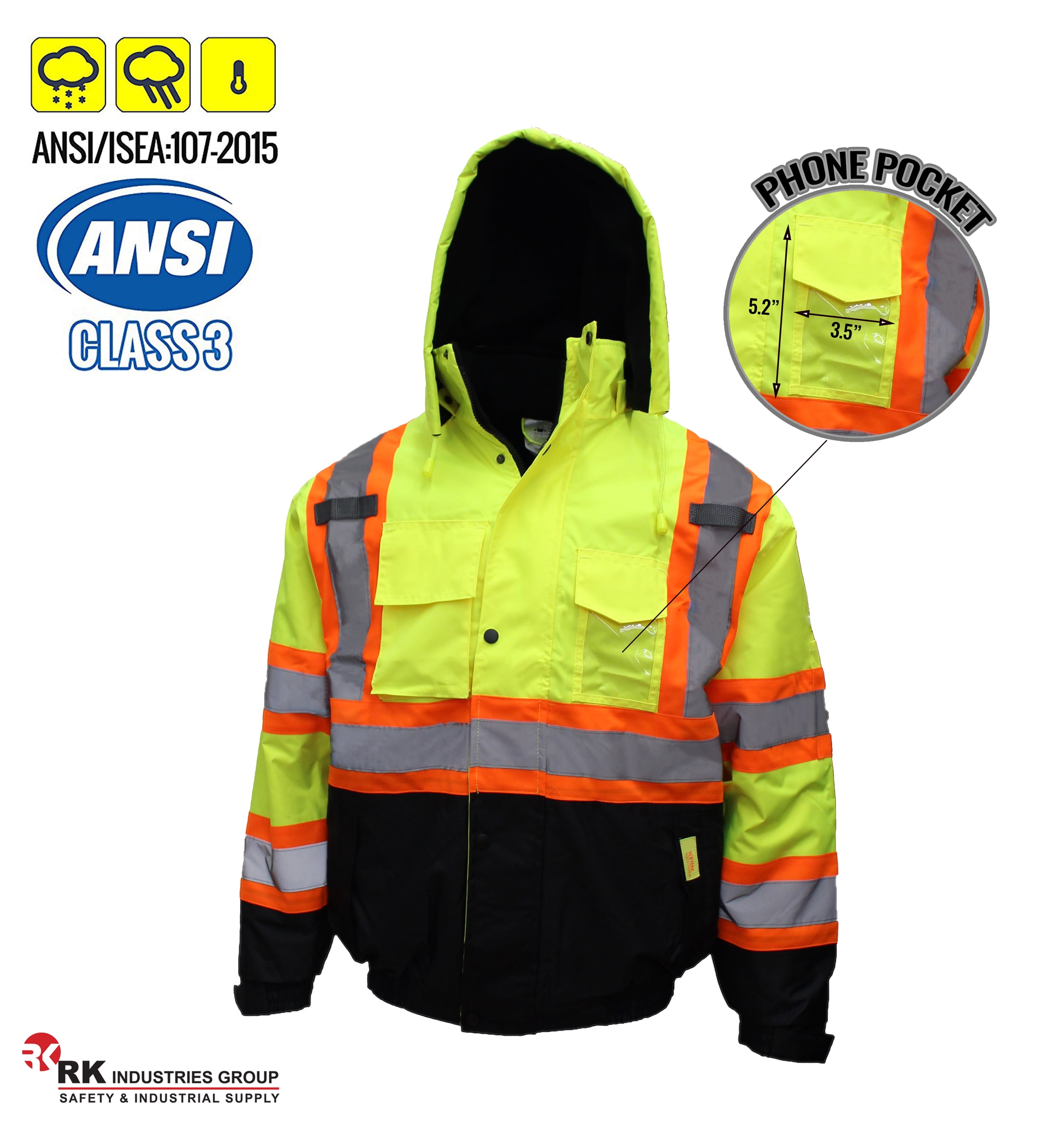 Protectx High Visibility Safety Waterproof Bomber Jacket for Men, Hi Vis Reflective Winter Construction Jacket, Black, Medium, Men's