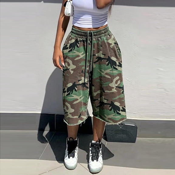 Women High Waist Drawstring Bermuda Shorts, Loose Knee Length Frayed Hem Casual Shorts with Side Pockets Camouflage S