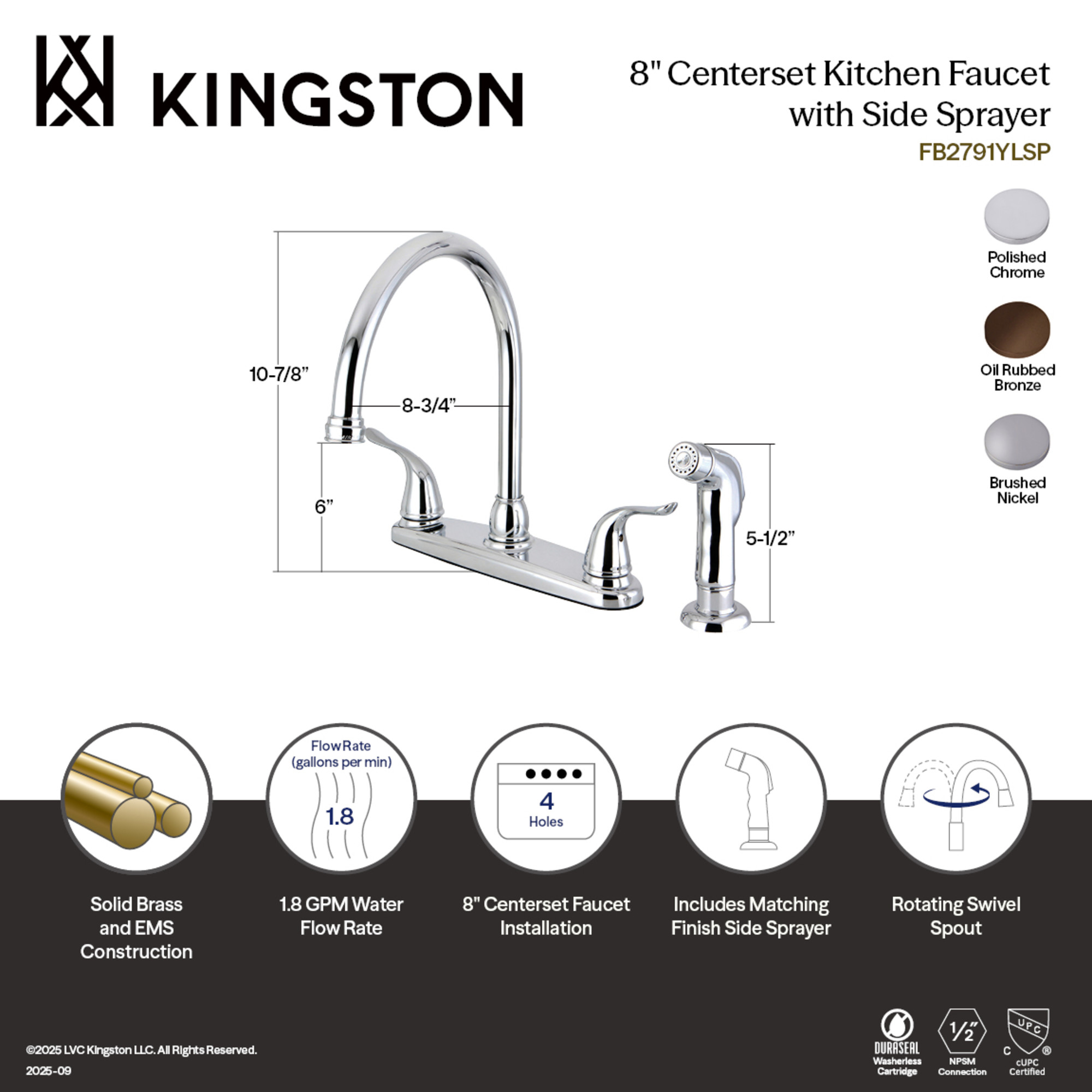 Kingston FB2791YLSP Yosemite Two-Handle 4-Hole 8" Centerset Kitchen Faucet with Side Sprayer in Polished Chrome