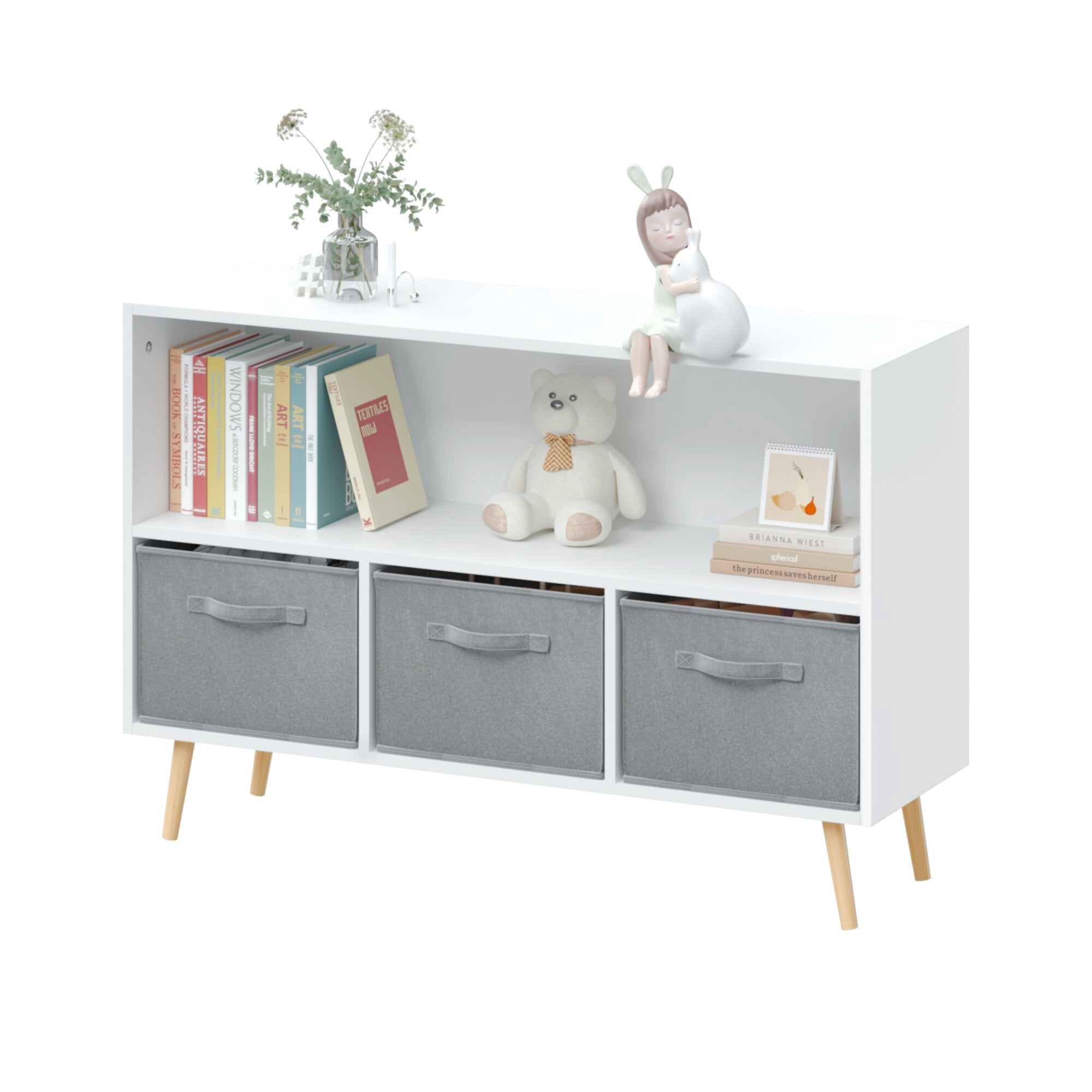 Yoneston Kids Bookcase with 3 Collapsible Fabric Drawers, Children's Toy Storage Organizer Book Display Cabinet for Playroom, Bedroom, White+Gray