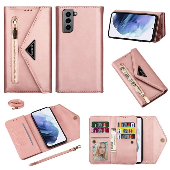 Nalacover for Samsung Galaxy S21 Ultra Wallet Case,360 Protection PU Leather Soft TPU Magnetic Flip Folding Kickstand Card Slots Zipper Pocket Shockproof Cover with Crossbody Shoulder Strap.Rosegold